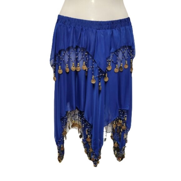 Blue Short Skirt Belly Dancing Skirt Crocheted with Gold Beads and Coins NEW - Picture 2 of 6